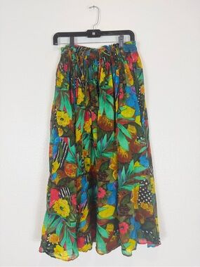 Floral Multicolor Midi Skirt - Vibrant Tropical Print Vintage By In Style Cotton